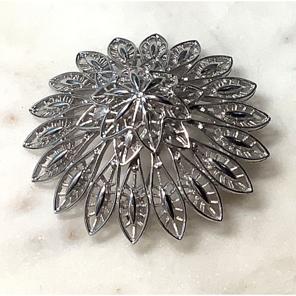 Vintage Monet Brooch Domed Filigree Silver Tone Signed Pin Retro Jewelry